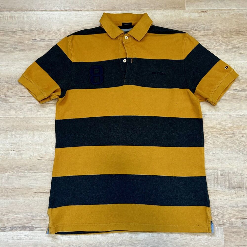 Tommy Hilfiger H Logo Slim Fit Polo Yellow, Blue Stripes Mens Medium